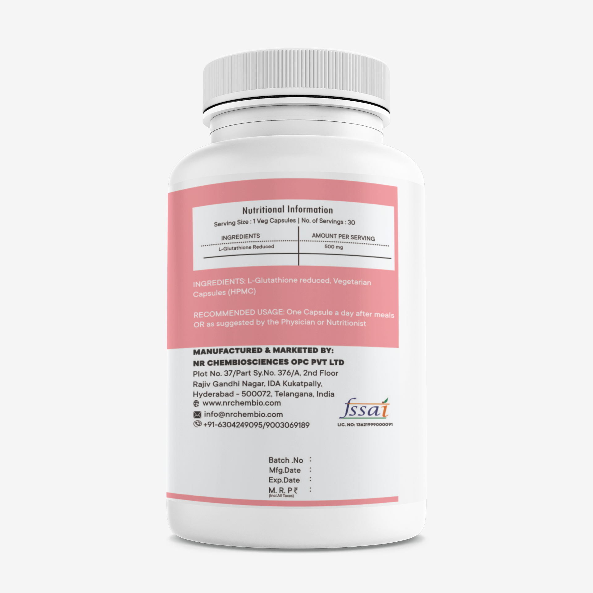 L-Glutathione 500 mg - Pack of 30 Veg Capsules - Liposomal & Microencapsulation Nutraceutical Manufacturer India | NR CHEMBIO L-Glutathione 500 mg - Pack of 30 Veg Capsules - Liposomal & Microencapsulation Nutraceutical Manufacturer India | NR CHEMBIO